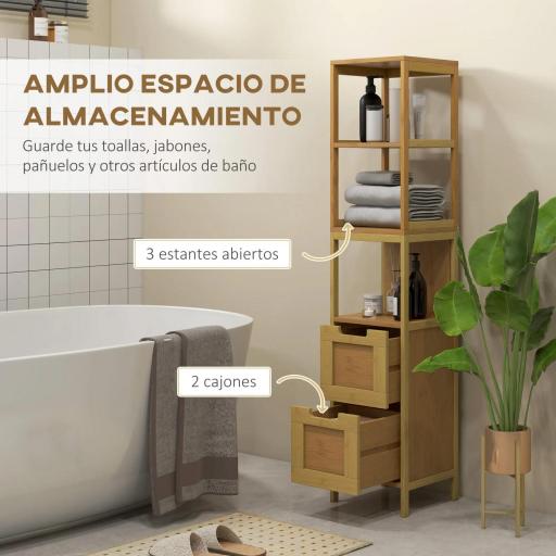 Armario Alto para Baño con 3 Estantes y 2 Cajones de Bambú Estilo Moderno 30x30x144,3 cm Natural [4]