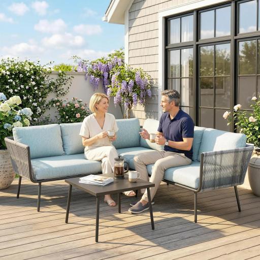 Conjunto de Muebles de Ratán de Exterior Sofá de Esquina con Cojines y Mesa de Centro para Terraza Patio Azul Claro [5]