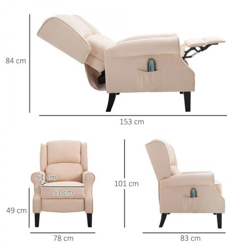 Sillón de Masaje Reclinable con Mando a Distancia 2 Zonas de Masaje y Tapizado en Tejido de Ante 78x83x101 cm Crema [1]