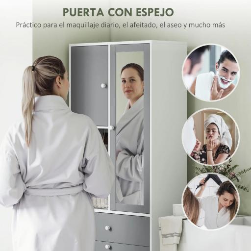 Armario de Baño con Cesto Ropa Sucia Espejo Cajón Compartimentos y Estantes Ajustables 62x28,3x181 cm Blanco y Gris [4]