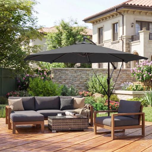 Parasol Excéntrico Ø300 cm con Base Cruzada Manivela Funda Protectora y Cuerdas de Viento UPF30+ Gris Oscuro [7]