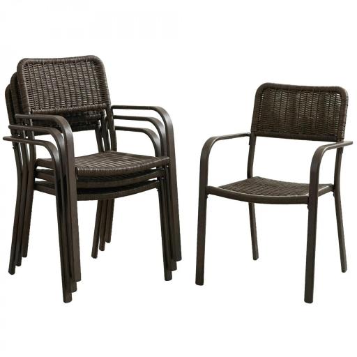 Juego de 4 Sillas de Jardín Exterior Apilables con Reposabrazos Respaldo y Marco de Acero 55x60x83 cm Marrón Oscuro [9]