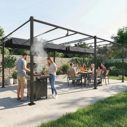 Pérgola de Jardín 6x3 m con Techo Retráctil Protección UPF50+ Drenaje Cenador de Jardín para Patio Exterior Gris Oscuro [4]