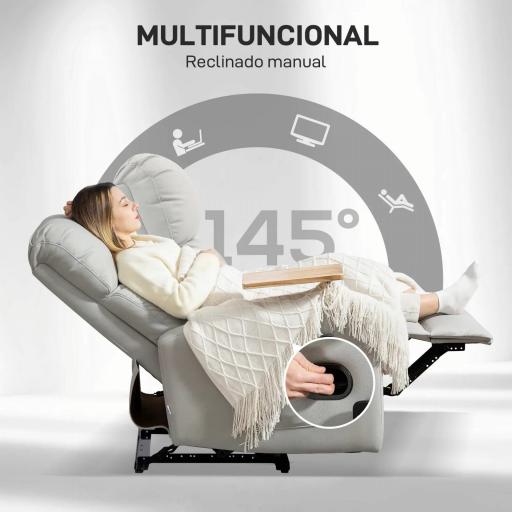 Sillón de Masaje con 4 Modos Vibración Reclinación 145° Mando a Distancia 77x93x105 cm Gris Claro [3]