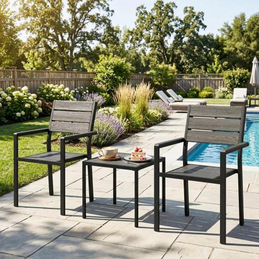 Conjunto de Jardín de 3 Piezas con 2 Sillas y Mesa de HDPE Diseño Listones Efecto Madera para Patio Balcón Negro [2]
