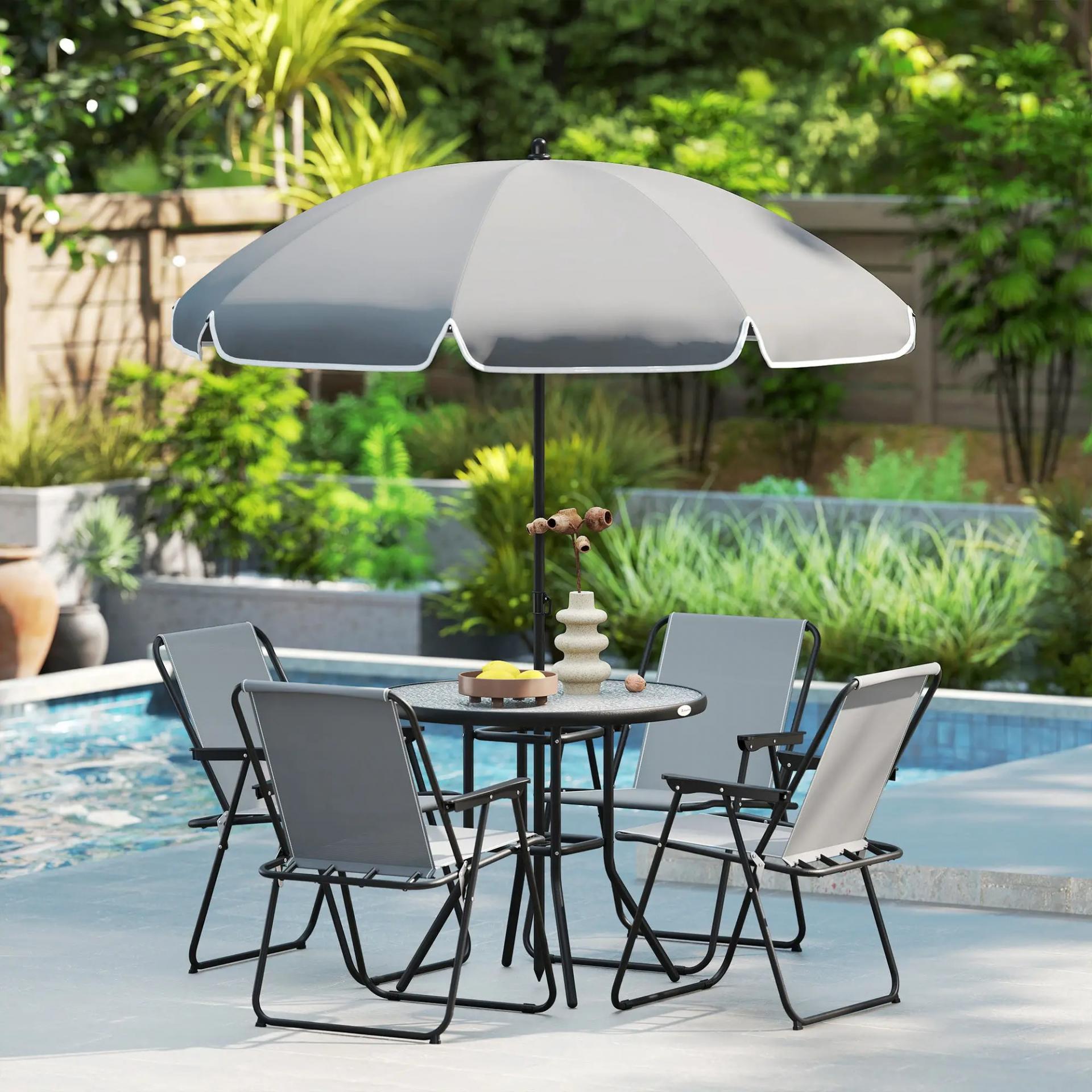 Conjunto de Muebles de Jardín de 6 Piezas con Mesa Redonda Sillas Plegables y Sombrilla para Patio y Terraza Color Gris