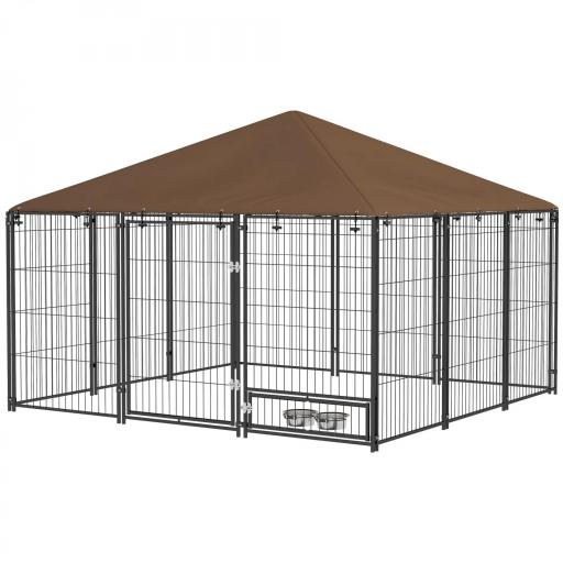 Perrera con Toldo y Soporte Giratorio para Comida 2 Cuencos Incluidos 211x211x151 cm Negro y Café [9]