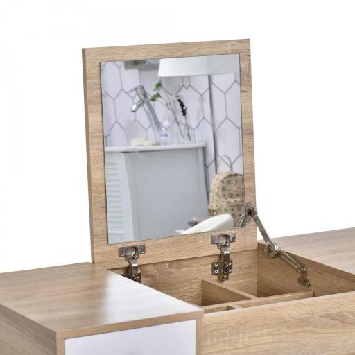Tocador de Maquillaje con Espejo Abatible 100 cm Mesa de Maquillaje con Taburete Acolchado Cojín Suave Compartimentos y Cajones Patas de Madera Maciza Color Natural [4]