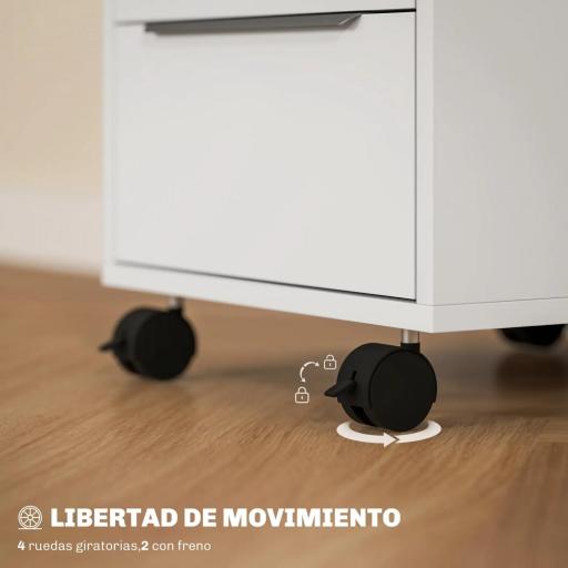 Cajonera de Escritorio con 3 Cajones Ruedas Cerradura y 2 Llaves para Estudio Salón 40x40x63,5 cm Blanco [7]