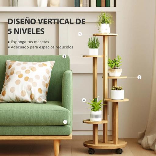 Soporte para Plantas de Bambú con Ruedas de 5 Niveles Estantería Redonda para Plantas para Esquina 33x33x90 cm Natural [2]
