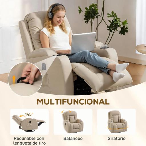 Sillón de Masaje Giratorio Sillón Relax Reclinable con 8 Puntos de Masaje Función de Calefacción 82x99x103 cm Crema [4]