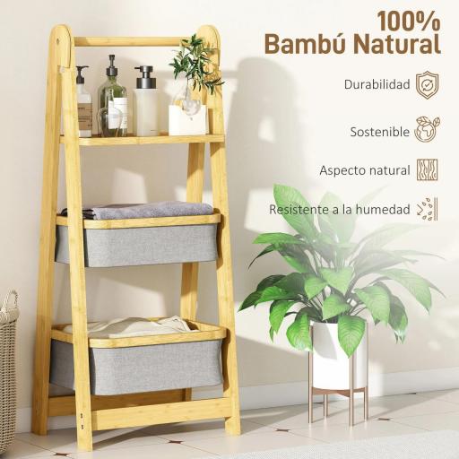 Estantería para Baño Plegable de Bambú con 2 Cestos para Ropa Sucia Estante Abierto Gris [8]