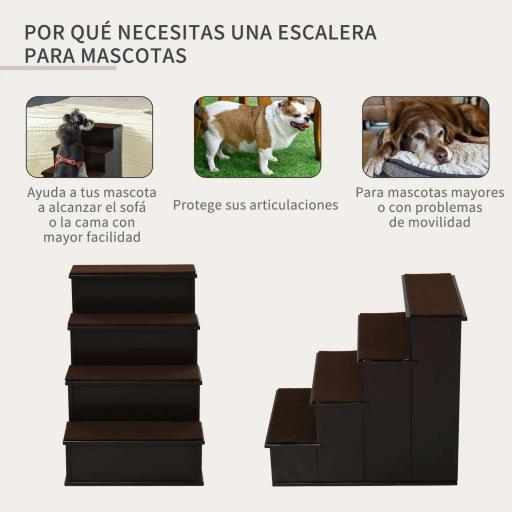 Escalera para Mascotas Escalones para Perros Gatos con Acolchados Desmontables Carga 30 kg 40x59x54,2 cm Marrón Oscuro [5]