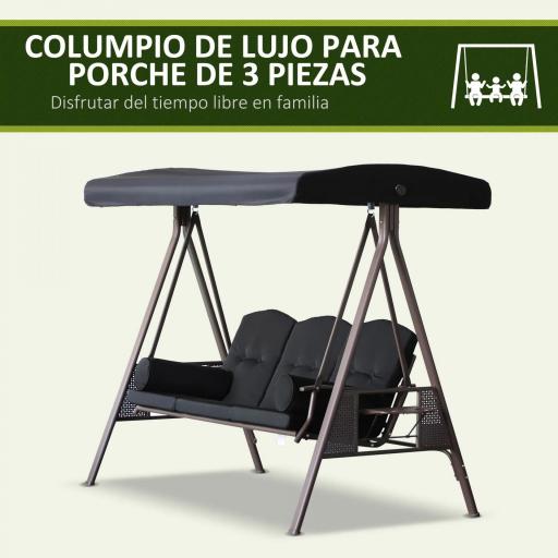 Columpio de Jardín Exteriorde 3 Plazas con Toldo Ajustable Bandejas Laterales y 2 Almohadas 208x121x172 cm Negro [3]