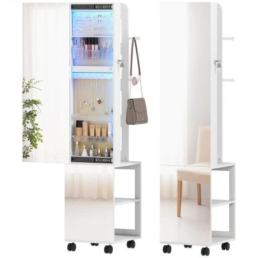 Espejo Joyero con Luces LED Armario para Joyas de Giro de 360° Cerradura y Llaves Superficie Blanco y Forro Beige [10]