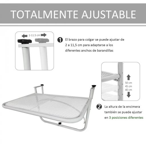 Mesa Colgante de Balcón con Brazo Regulable y Altura Ajustable en 3 Posiciones Marco Metálico 60x56x50 cm Blanco [2]