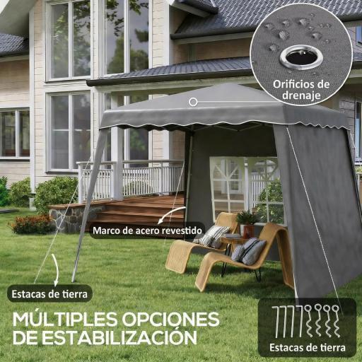 Carpa Plegable Pop-up 2,89x2,89m Cenador Pabellón de Jardín con Paredes Laterales Altura Ajustable Protección UV50+ Gris [4]