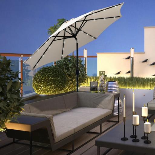 Parasol de Terraza Ø268x238 cm con 24 Luces LED Solar Mecanismo de Inclinación Manivela y Poste Desmontable Crema