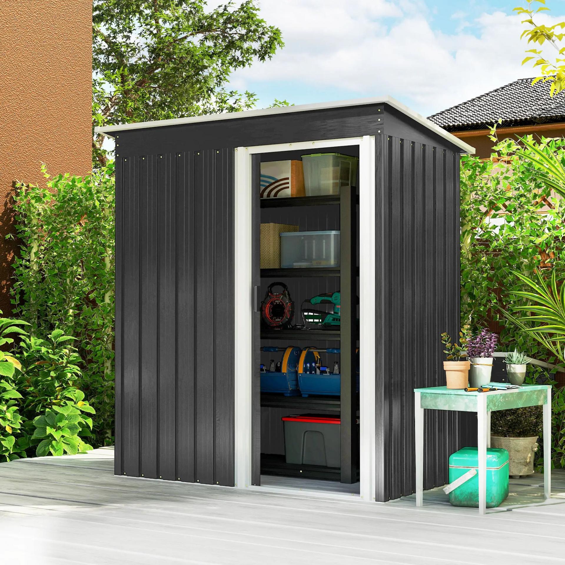 Cobertizo de Jardín Exterior 1,16 m² 163x89x182 cm Caseta Metálica con Puerta Corredera y Techo Inclinado Negro