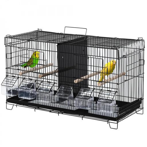 Jaula para Pájaros con Divisor Ganchos Superiores Puertas Comederos Perchas y Bandeja Extraíble 59,5x26,5x39,5 cm Negro [9]