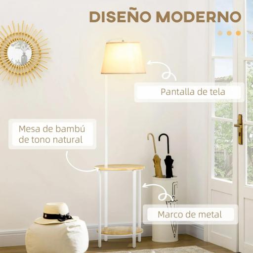 Lámpara de Pie Moderna con Mesita Pantalla de Lino Interruptor de Pie para Salón Dormitorio 43x39,5x162 cm Blanco [3]