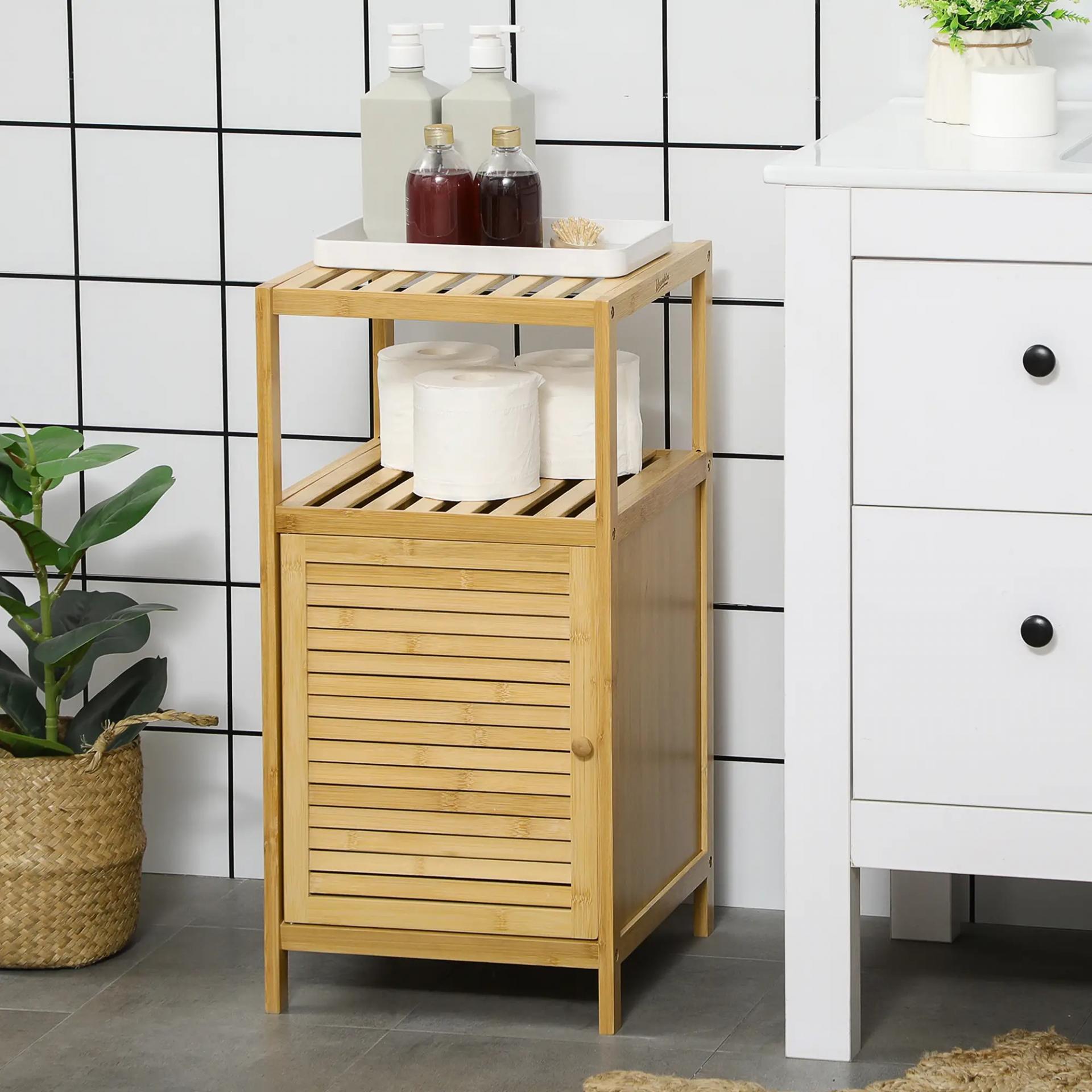 Estantería de Baño de Bambú Estantería de Almacenaje para Baño con 1 Puerta y Estante para Cocina 33x36,5x67 cm Natural