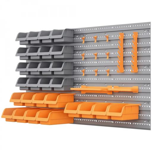 Estantería de Pared para Herramientas 95x54 cm con 28 Cajas Apilables y Diferentes Ganchos Gris y Naranja [3]