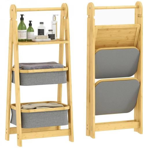 Estantería para Baño Plegable de Bambú con 2 Cestos para Ropa Sucia Estante Abierto Gris [6]