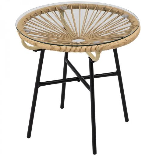 Mesa Auxiliar de Ratán Sintético Redonda para Exteriores con Encimera de Vidrio Templado Ø50x50 cm Beige [9]