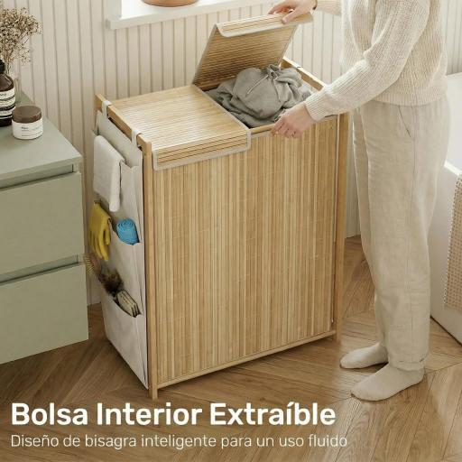 Cesto de Ropa Sucia de Bambú con Tapa 120L con 2 Bolsas con Cordón Extraíbles y Lavables Bolsillos Laterales Natural [6]