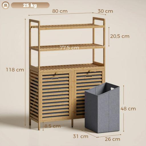 Mueble Ropa Sucia de Bambú con 2 Cestos para Ropa Sucia Inclinables 38,7 L y 3 Estantes 80x30x118 cm Roble [1]