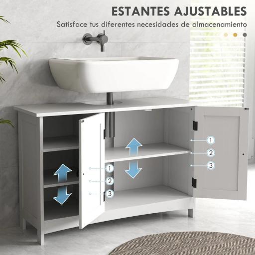 Mueble Bajo Lavabo de Pie con 2 Puertas y Estantes Ajustables Antivuelco Estilo Moderno 90x30x60 cm Blanco [6]