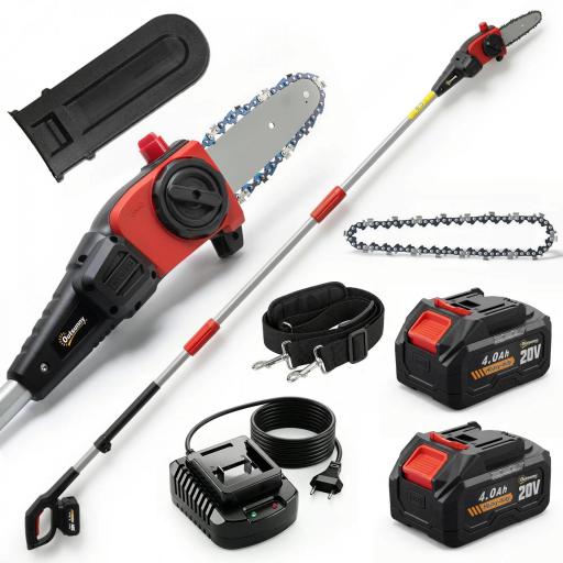 Motosierra Eléctrica Extensible 1,94-2,56 m con 2 baterías 4,0 Ah Cargador Doble Bloqueo Lubricación Automática [8]