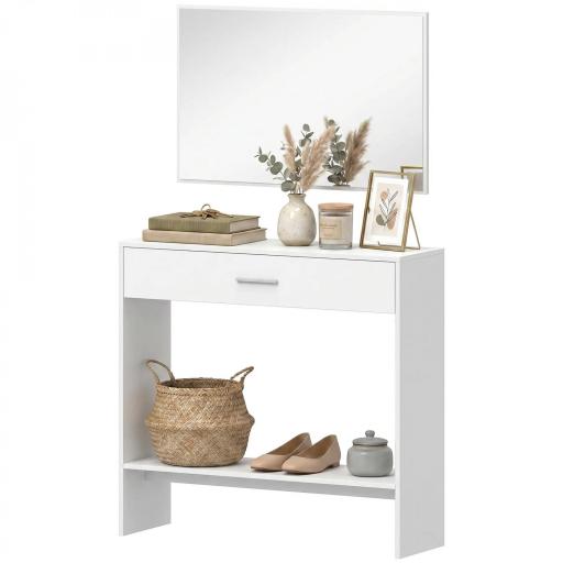Recibidor de Entrada con Espejo Cajón y Estante Mueble de Recibidor para Pasillo 91,5x27,9x85,5 cm Blanco [9]