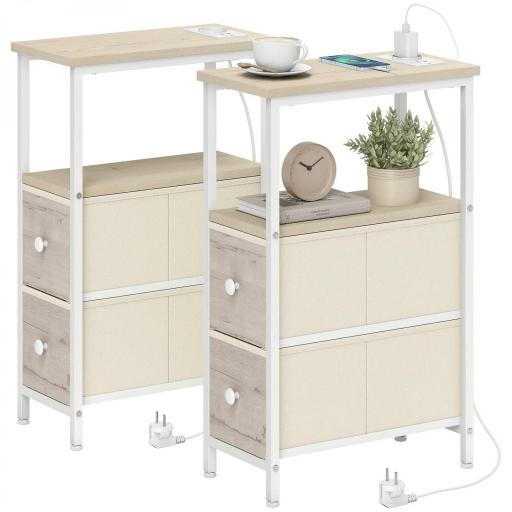 Juego de 2 Mesitas Auxiliares Estrechas con Enchufe Toma AC Puerto USB Puerto USB-C 2 Cajones de Tela Natural [8]