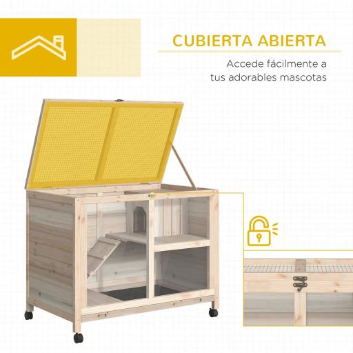 Conejera de Madera con Ruedas 91,5x53,3x73 cm Jaula para Conejos de 2 Niveles con Techo Abatible Natural [5]