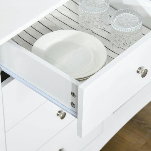 Aparador de Cocina Armario Buffet con 2 Puertas de Vidrio Estante Ajustable Interior y 4 Cajones Mueble Auxiliar para Comedor Salón 136x45x85 cm Blanco [6]