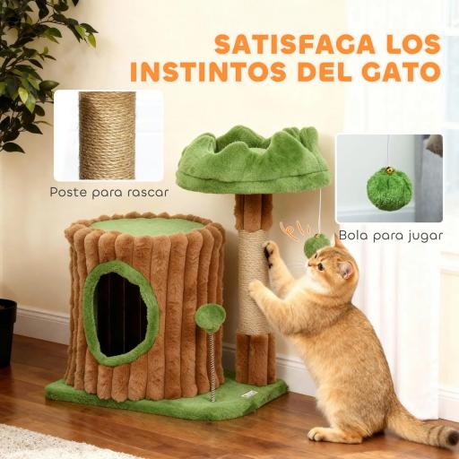 Árbol Rascador para Gatos 53 cm Diseño de Tronco con Casita Cama Poste de Yute Bolas Marrón y Verde [3]