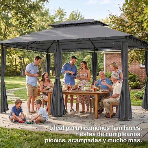 Cenador para Jardín 3x4 m Pabellón de Jardín Gazebo con Doble Techo 6 Paredes Laterales Estructura Metálica Gris [5]