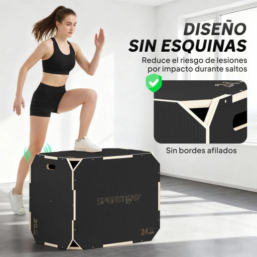 Cajón Pliométrico de Madera 3 en 1 con 3 Alturas Diferentes Asas sin Esquinas Entrenamiento de Salto 76x61x51 cm Negro [2]