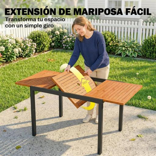 Mesa de Jardín Extensible 100/150x70 cm de Madera y Metal con Agujero para Sombrilla para 4-6 Personas Teca [3]