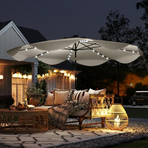 Sombrilla de Jardín Manual Ø292x254 cm con 32 Luces LED Solares 8 Varillas Impermeable y Rejillas de Ventilación Crema