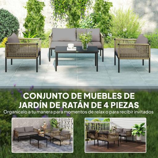 Conjunto de Muebles de Jardín 4 Piezas con Sofá Sillones Mesa de Centro y Cojines Natural y Gris [5]