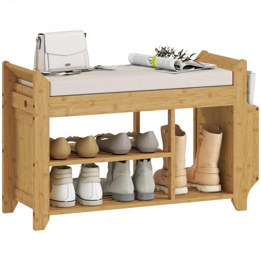Banco Zapatero con Asiento Acolchado Almacenamiento Lateral Estante para Botas Marco de Bambú 80x30x50 cm Natural [8]