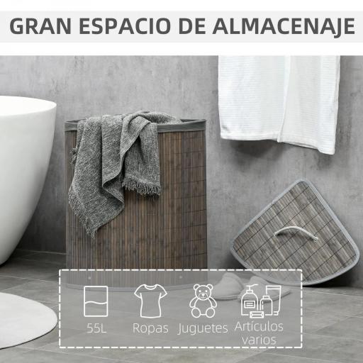 Cesto para Ropa Sucia de Bambú Capacidad de 55L Cesta para la Colada en Forma de Abanico 38x38x57 cm Gris [5]