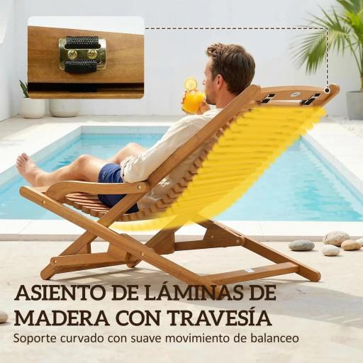 Tumbona Silla Plegable de Madera con Reposapiés Desmontable y Cojín con Reposacabezas Carga 160 kg 158x61x70 cm Beige [6]