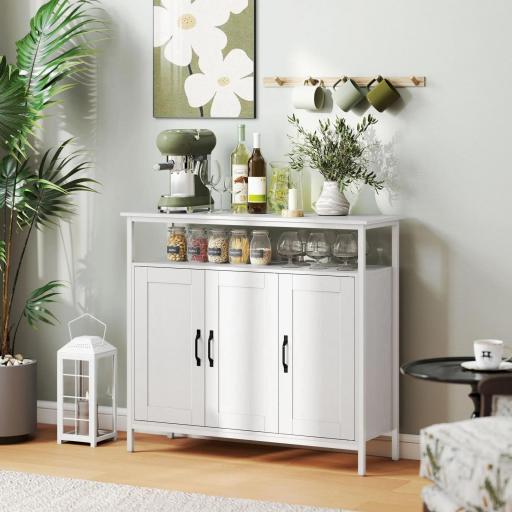 Aparador para Salón Industrial con 3 Puertas Compartimento Abierto Estantes Ajustables para Comedor 100x35x88 cm Blanco [9]