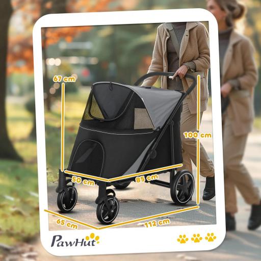 Cochecito Plegable para Perros Carrito de Mascotas con Ventanas de Malla Correas de Seguridad 112x65x100 cm Gris y Negro [2]