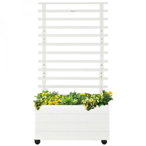 Jardinera con Enrejado de Madera Maciza Soporte con 4 Ruedas Celosía y Malla Geotextil 76x30x155 cm Blanco [9]