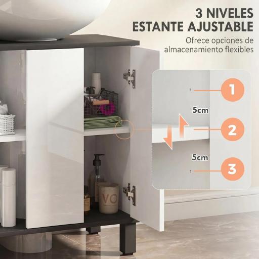 Mueble Bajo Lavabo con 2 Puertas y Estante Ajustable para Lavabo con o sin Pedestal 60x34x70 cm Blanco Brillo [6]